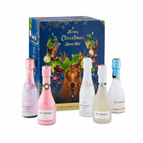 Five bottles of wine in front of a blue advent calendar.