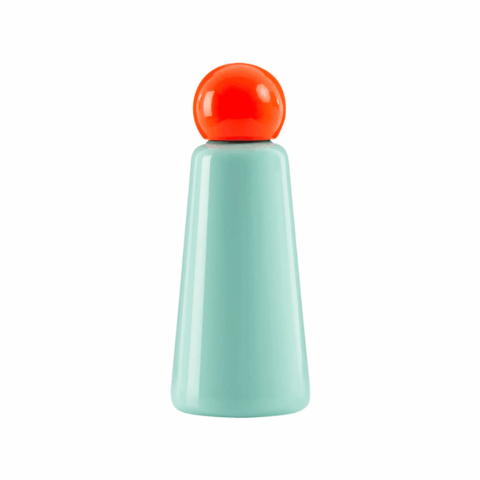 Teal water bottle with an orange spherical twist-off lid.