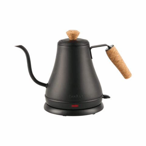 Matte black gooseneck kettle with a cork lid and handle.
