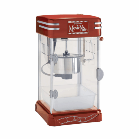 Retro-looking red kettle popcorn machine.