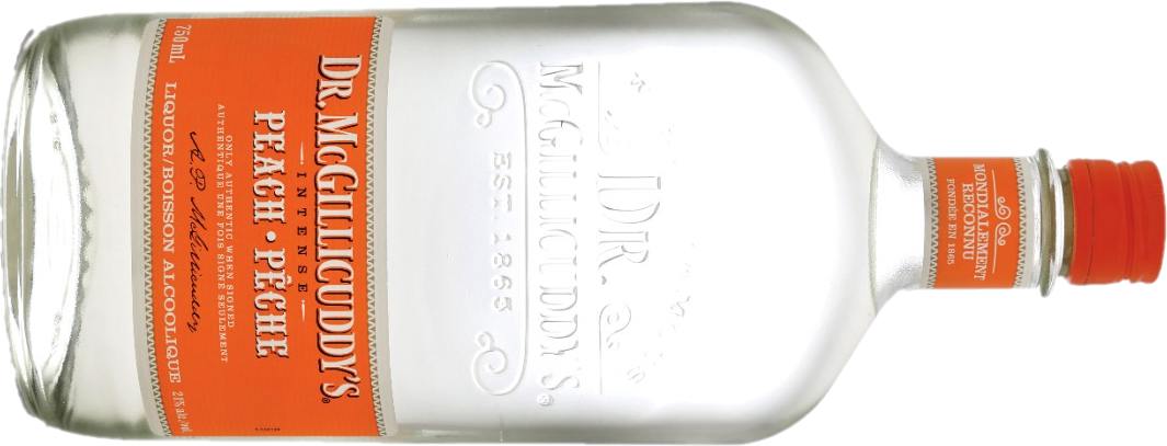 A bottle of clear liqueur with an orange label and cap. 