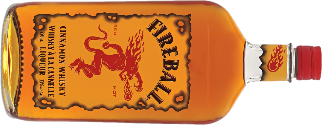 An orange bottle of cinnamon whisky with an orange label and red cap. 