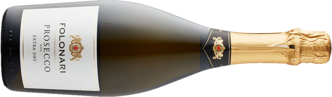 A green bottle of prosecco with a white label and gold seal. 