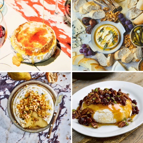 Four baked bries are organized in a collection of images