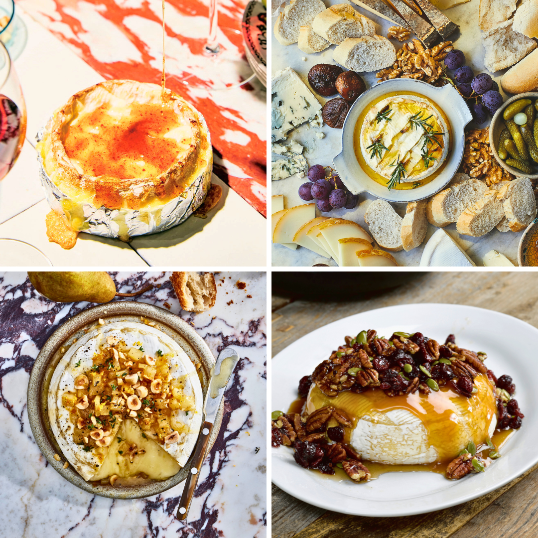 Four baked bries are organized in a collection of images