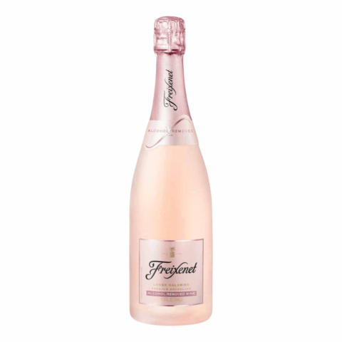 A light pink bottle of sparkling rose with a metallic pink seal and label.
