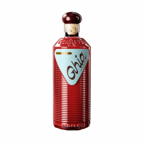 A red ridged bottle with a maroon spherical cap and light blue label.