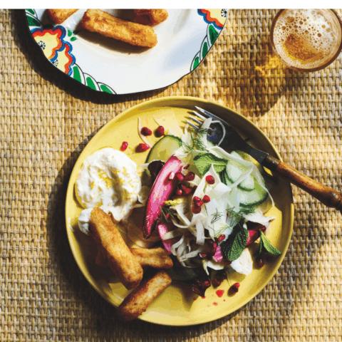 Halloumi Fries with Chicory Salad, an easy bright and crispy side dish or snack