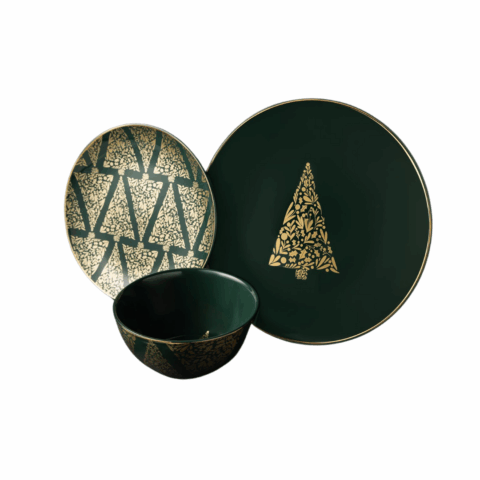 Dark green plate with a gold Christmas tree design, a matching salad bowl and dark green bowl.