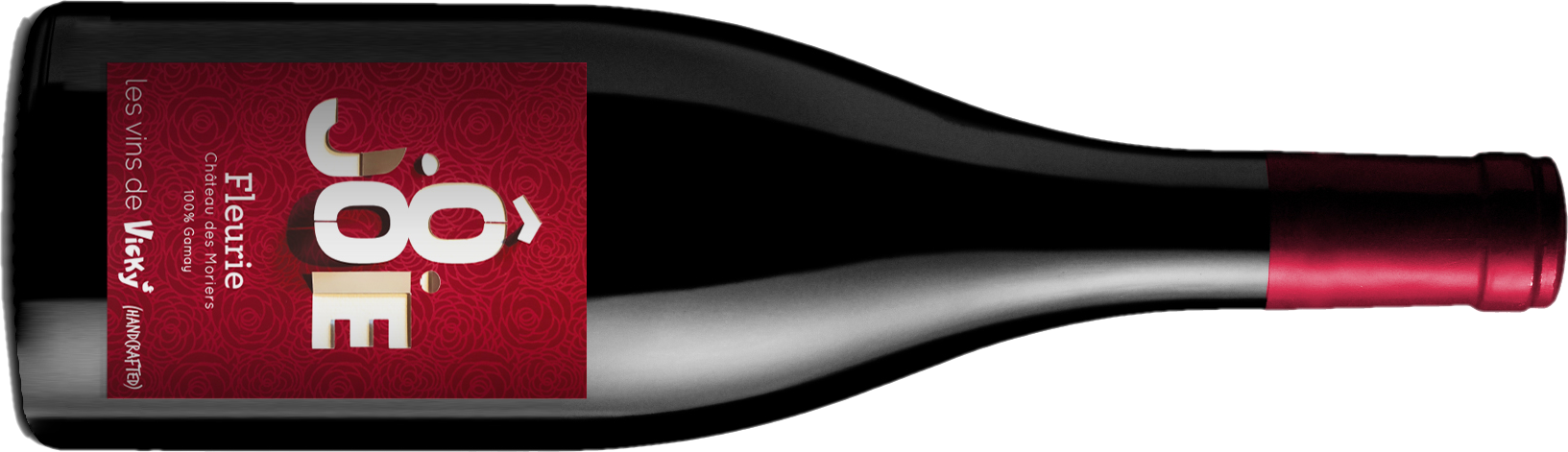 Black bottle of wine with a dark red label and top.