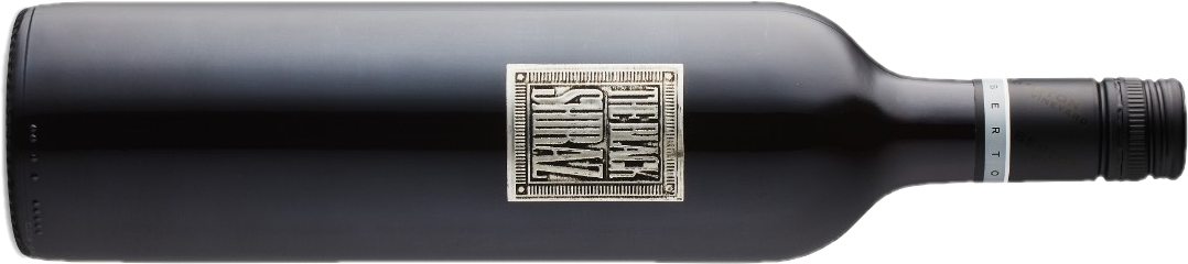 Black bottle of wine with a black label and seal.