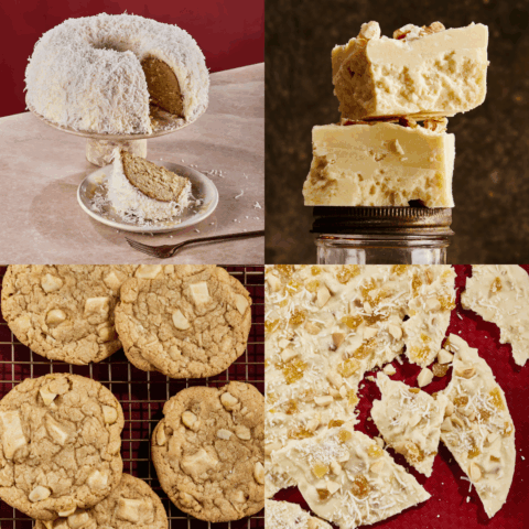 A grid of four white chocolate holiday recipes.