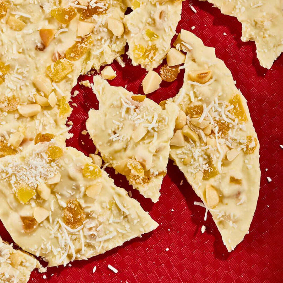 easy holiday recipe for White chocolate coconut ginger macacadamia bark