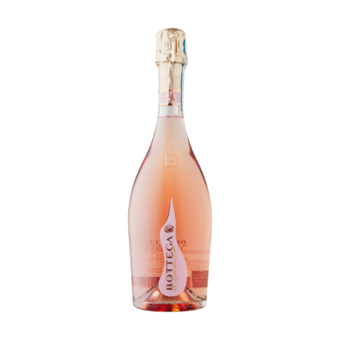 Clear bottle of light pink Prosecco Rose with gold foil seal.