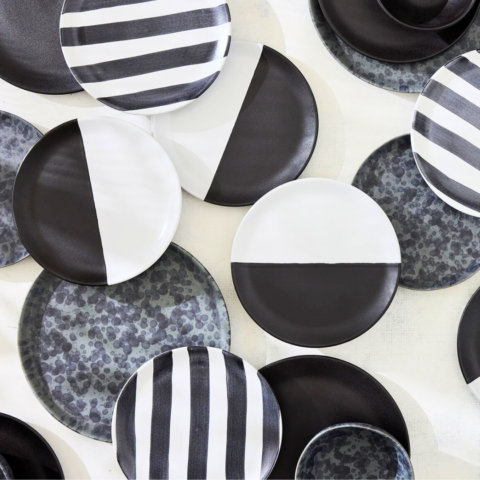 Stacks of offset domino stoneware designed by Diane Keaton