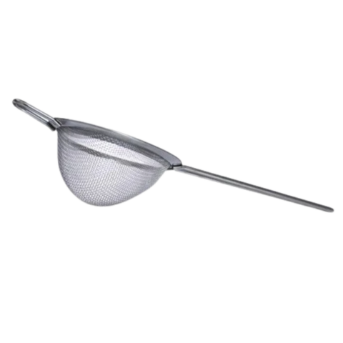 Silver stainless steel fine mesh strainer.