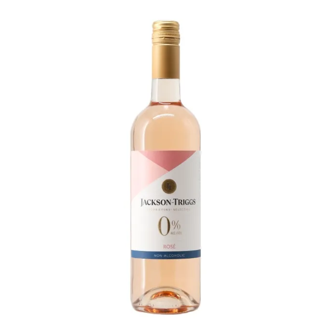 Bottle of light pink wine with a gold seal and white label. 