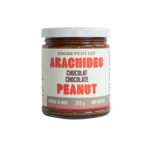 Jar of peanut chocolate butter with a white lid and cream-coloured label.