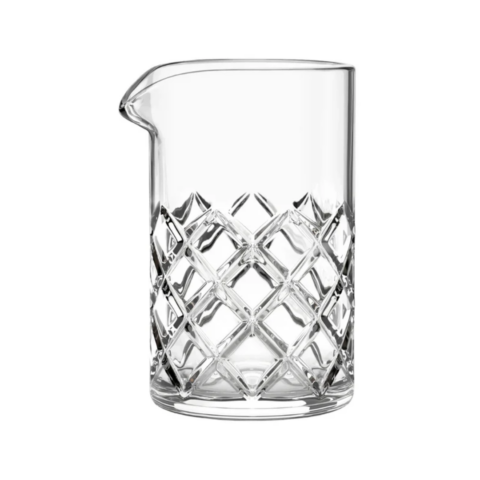 Clear mixing glass with a spout and Japanese Yarai weave pattern on the outside.