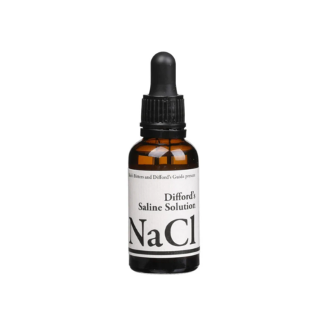 Clear brown bottle of saline solution with a dropper top and a white label.