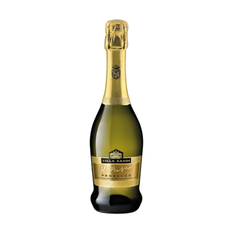 Green bottle of Prosecco with gold foil seal and gold label.