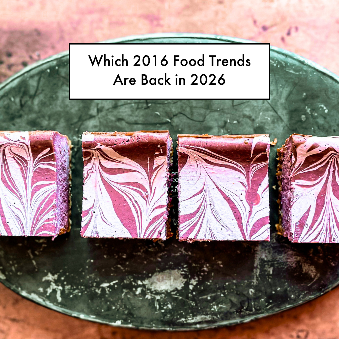 Overhead shot of ube cheesecakes, a popular food trend from 2016 still trending in 2026