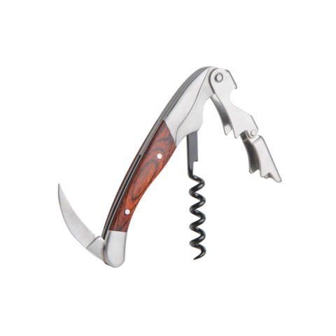 A silver multi-use tool with a waiter's corkscrew and a small blade.