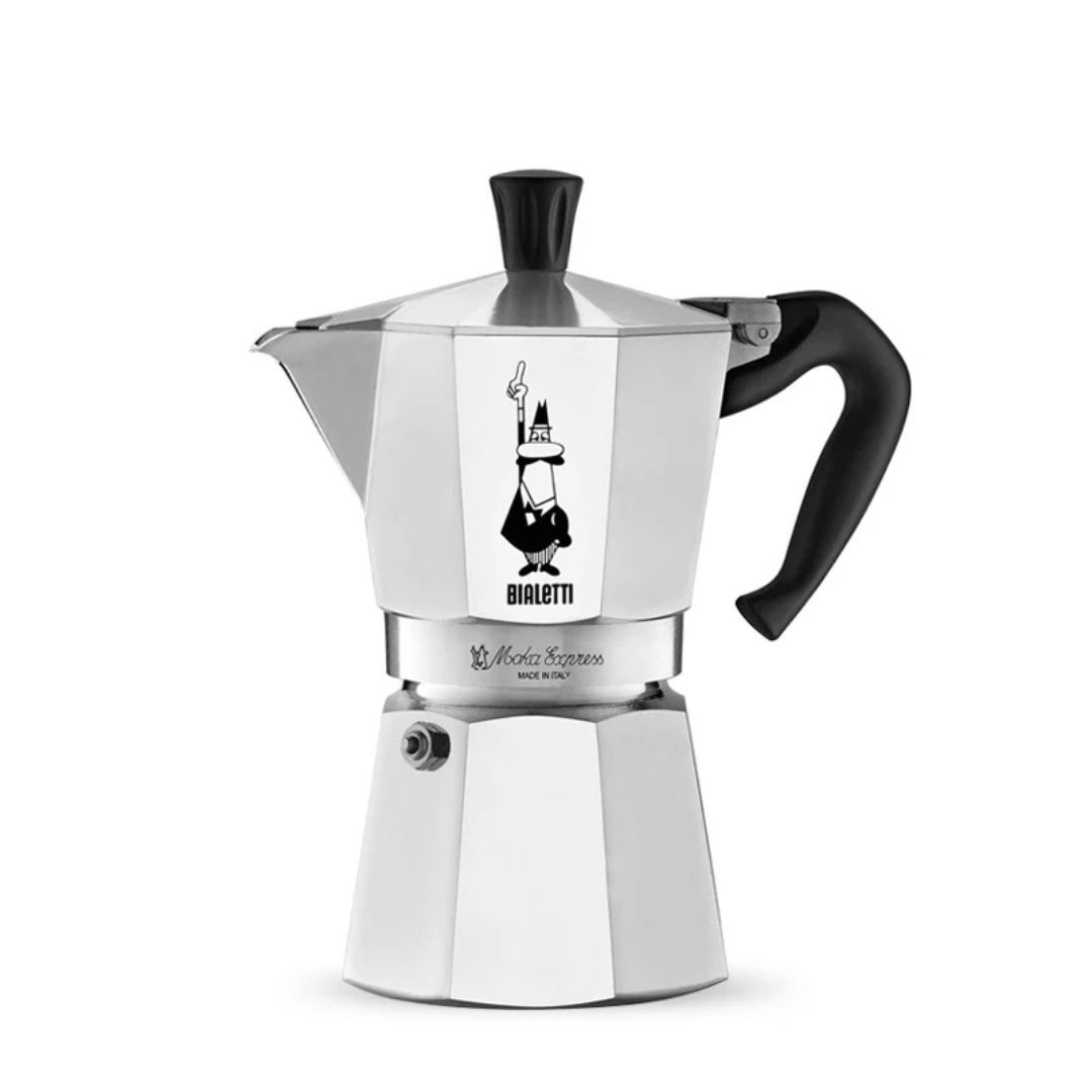 Silver Moka pot with black handle.