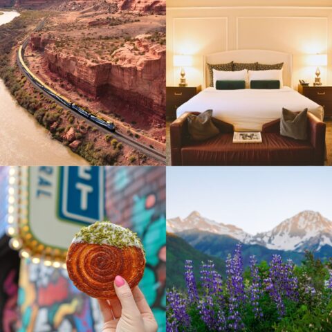 Collage of Colorado travel scenes featuring a train through red rock canyons, a hotel room, a pastry, and mountain wildflowers.