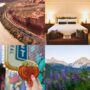 Collage of Colorado travel scenes featuring a train through red rock canyons, a hotel room, a pastry, and mountain wildflowers.