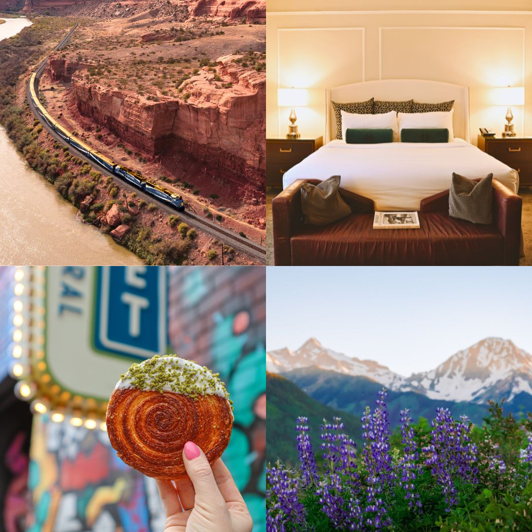 Collage of Colorado travel scenes featuring a train through red rock canyons, a hotel room, a pastry, and mountain wildflowers.