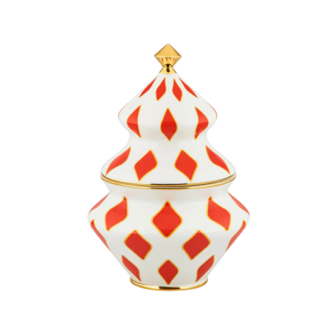 White Christmas tree-shaped bonbon container with a red diamond pattern and a gold topper.