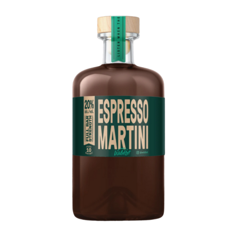 Clear bottle of ready-to-drink espresso martini with a wooden cork and dark green label.