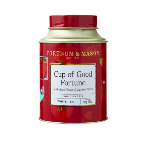 A red and gold tin of tea.