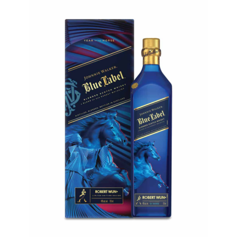 A blue bottle with a gold seal next to a matching blue box featuring a horse design.