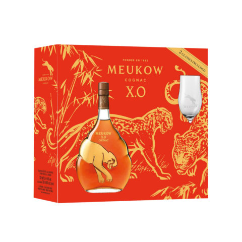 Orange and yellow gift set box depicting a bottle of amber cognac and a clear glass.