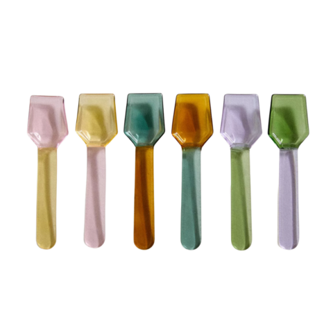 Six borosilicate two-toned glass ice cream spoons.