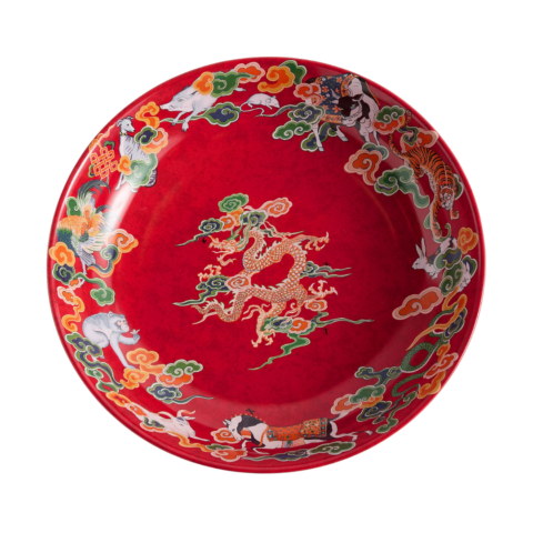 A red stoneware serving bowl with a traditional Chinese dragon design in the centre and 12 zodiac animals along the rim.