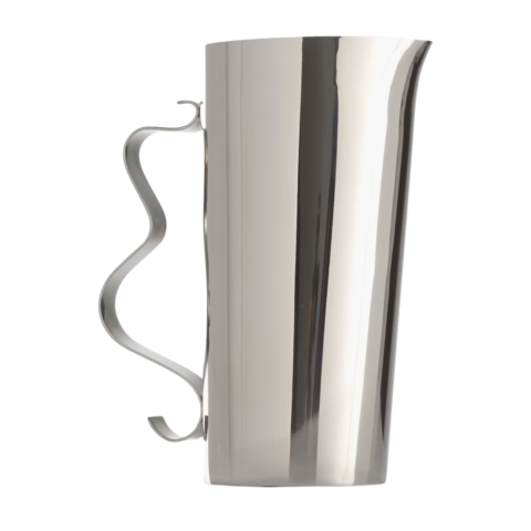 A tall silver pitcher with a squiggle-shaped handle.