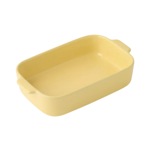 A butter yellow stoneware baking dish.