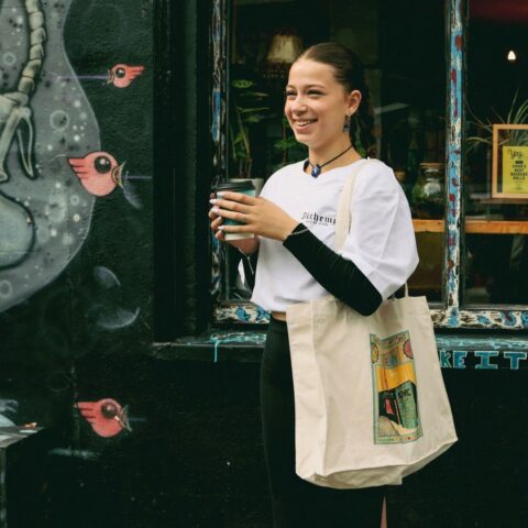 Enjoying coffee outside Alchemy Coffee shop in Cork, Ireland
