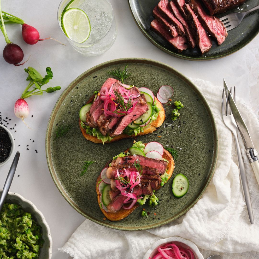 Avocado Toast with Steak, Pickled Onions and Black Sesame