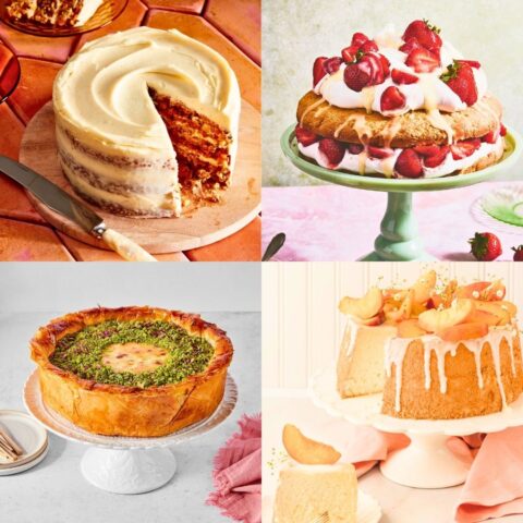 A curated grid of four elegant desserts featuring layered carrot cake, fresh strawberry shortcake, pistachio baklava cheesecake and a peach-topped sponge cake