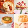 A curated grid of four elegant desserts featuring layered carrot cake, fresh strawberry shortcake, pistachio baklava cheesecake and a peach-topped sponge cake