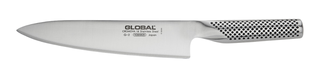 A chef's knife with a stainless steel hollow handle.