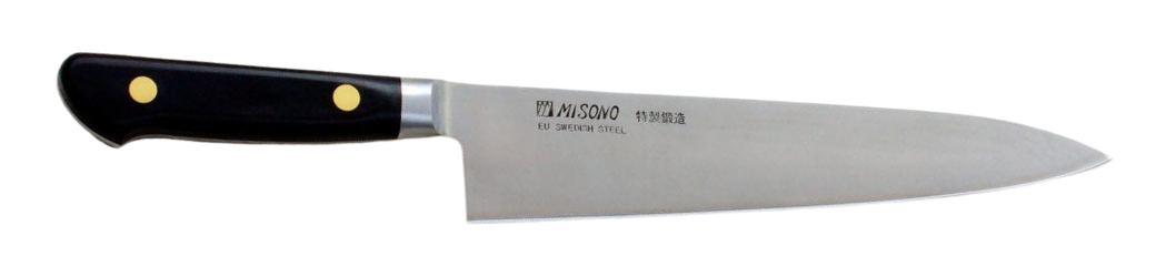 A chef's knife with a black wooden handle.