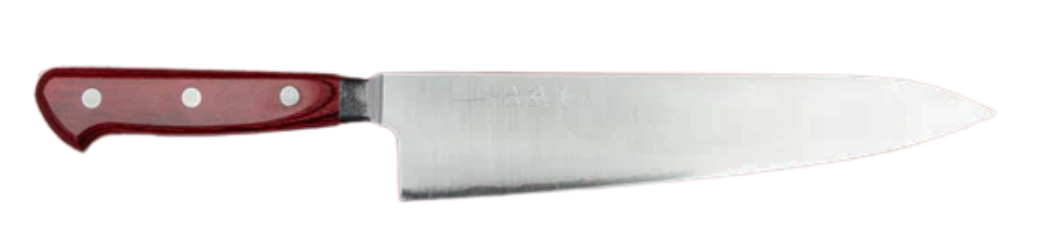 A chef's knife with a brown wooden handle.