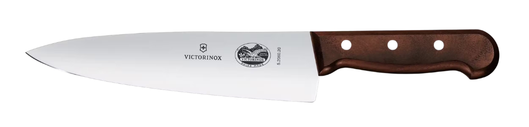 A chef's knife with a brown wooden handle.