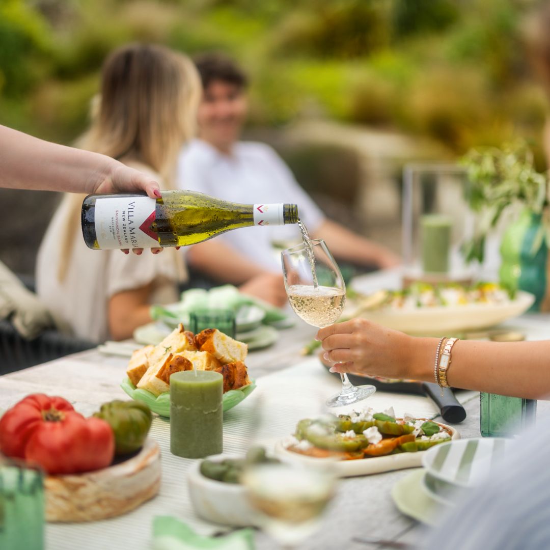 Villa Maria Marlborough Sauvignon Blanc poured at an outdoor table during spring entertaining.