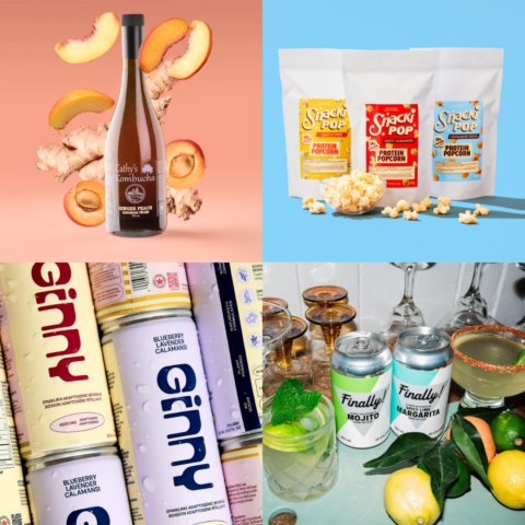 OOAK Spring Show collage featuring ginger peach kombucha, bags of popcorn and canned zero-proof drinks.